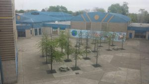 Inside the courtyard of Grover Washington Jr. Middle school. A large area in the middle of the school with trees and tables. This is the area kids can go out into on nice days after the eat lunch.