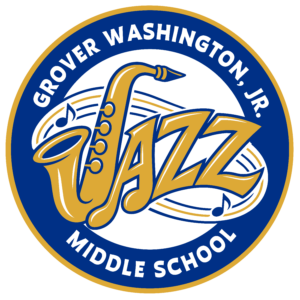 Grover Washington Jr. Middle School logo featuring a gold saxophone, the word “Jazz” and musical notes in a blue circular badge.
